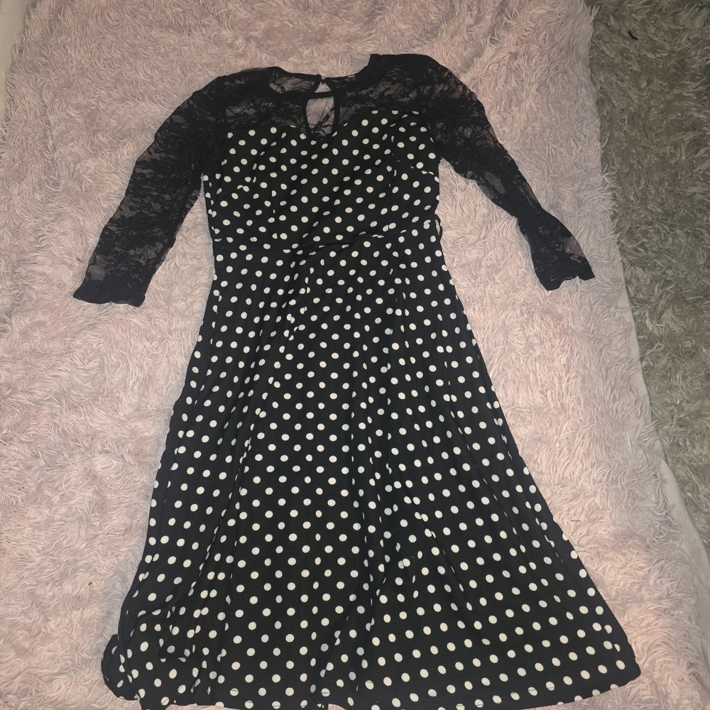 Chic Black and White Polka Dot Dress with Lace Sleeves
